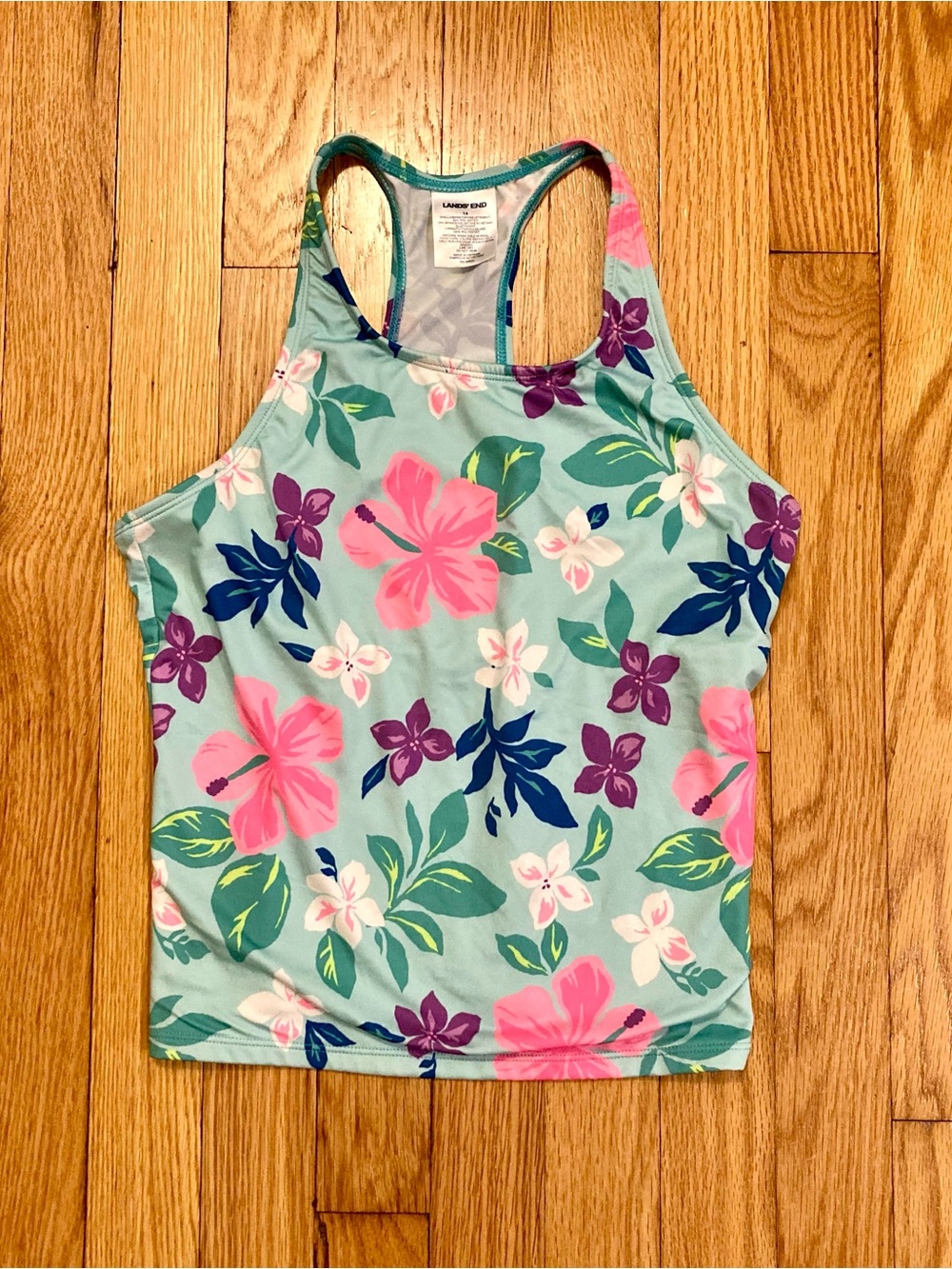 Lands’ End Tankini Swim Top Aqua Floral Girls 14